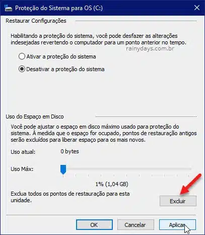 Excluir pontos de restauração para esta unidade Windows