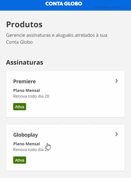 Produtos assinaturas conta Globo, para visualizar vencimento da GloboPlay