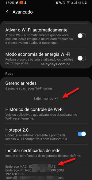 WiFi avançado Android gerenciar redes endereço MAC