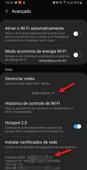 WiFi avançado Android gerenciar redes endereço MAC