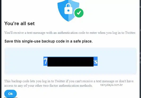 código de backup para login Twitter duas etapas