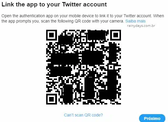 código QR para adicionar app gerador de código no Twitter duas etapas