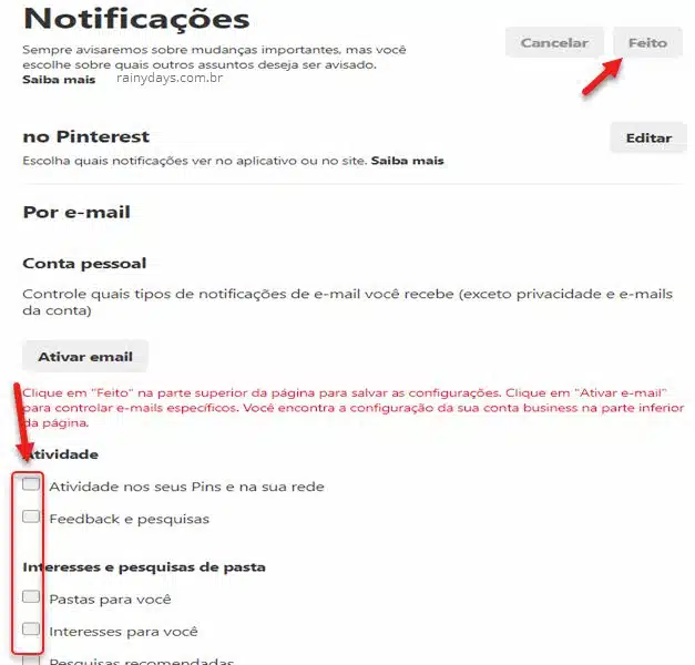 Desativar notificações por email do Pinterest pelo PC