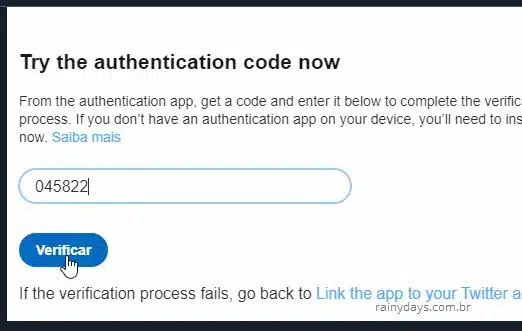 Testar código de autenticação com app gerador no Twitter duas etapas