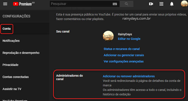 configurações Adicionar ou remover administradores do canal no YouTube