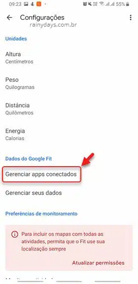 gerenciar apps conectados no Google Fit