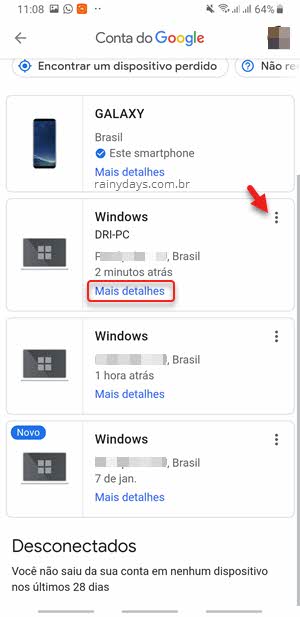 ícone três bolinhas, Mais detalhes, dispositivos conectados conta do Google Android