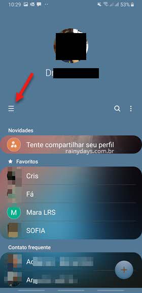 ícone três traços menu contatos Android