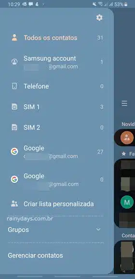 menu lateral configurações app Contatos Android