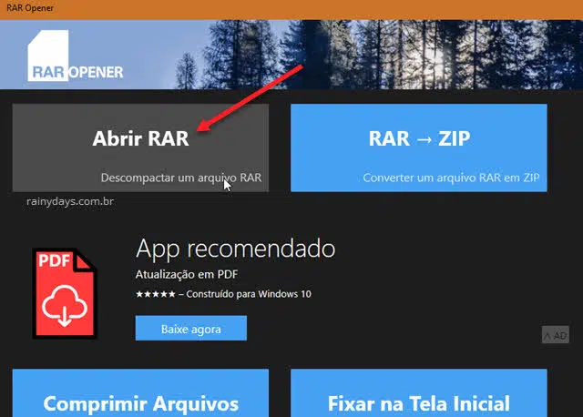 Descompactar arquivo rar com app RAR Opener loja Windows