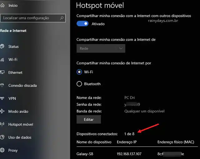 dispositivos conectados no hotspot móvel WiFi Windows