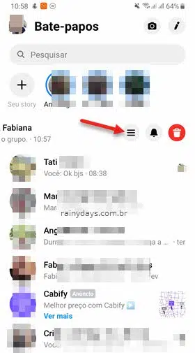 ícone três traçcos tocar conversa app Messenger