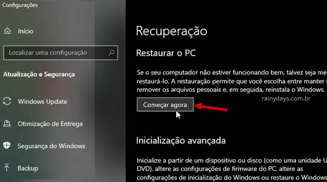 configurações recuperação restaurar o PC no Windows