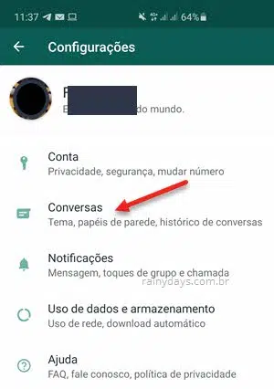 Configurações Conversas app WhatsApp Android
