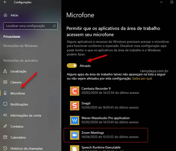 Verificar aplicativos autorizados no microfone do Windows quando microfone não funciona