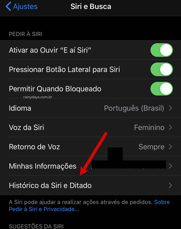 Ajustes da Siri e Busca, apagar histórico da Siri e Ditado