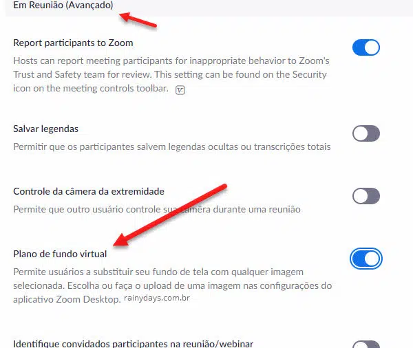 Ativar recurso de plano de fundo virtual no Zoom