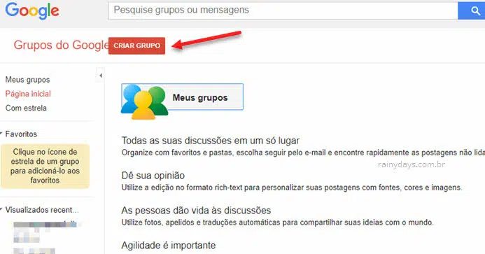 Criar grupo no Grupos do Google