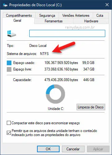 Sistema de arquivos propriedade de disco SSD Windows
