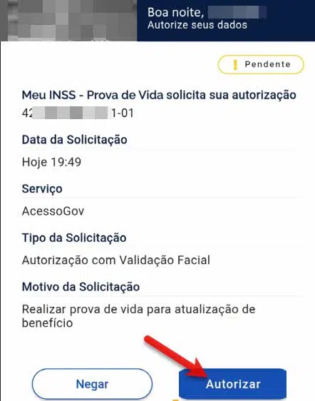 Autorização da biometria como prova de vida Meu INSS no app Meu gov.br