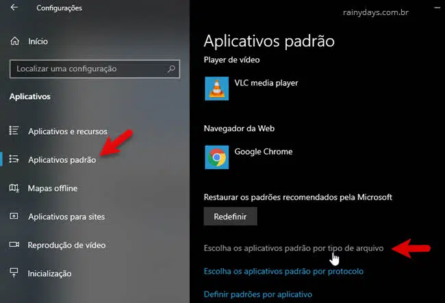 Configurações aplicativos padrão do Windows por tipo de arquivo