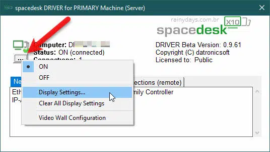 ícone de três bolinhas Display Settings Spacedesk