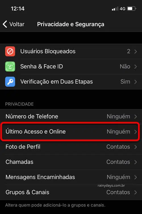 Configurações de Privacidade e Segurança Status Online app Telegram