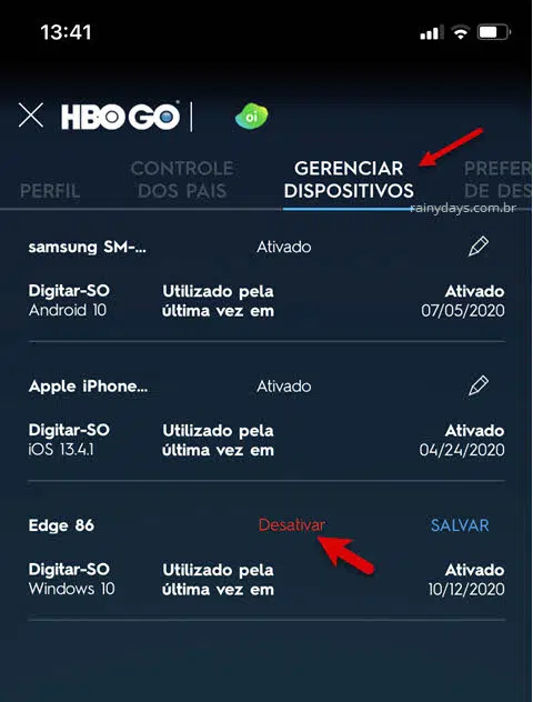 gerenciar dispositivos lápis desativar dispositivo app HBO Go