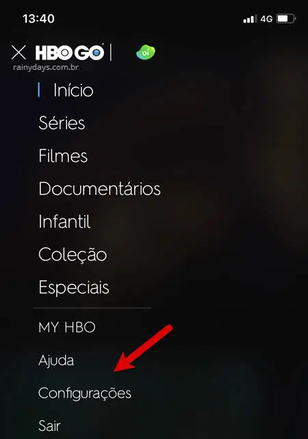 ícone três traços configurações app HBO celular