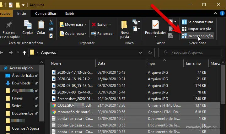 Inverter seleção para inverter arquivos selecionados no Explorador de Arquivos