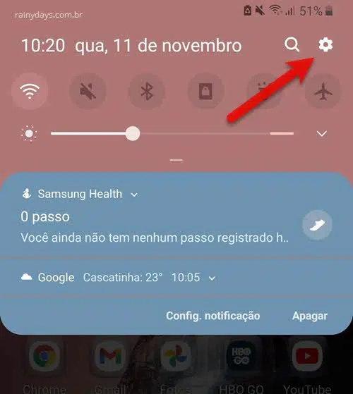 barra de notificação ícone da engrenagem configurações Android