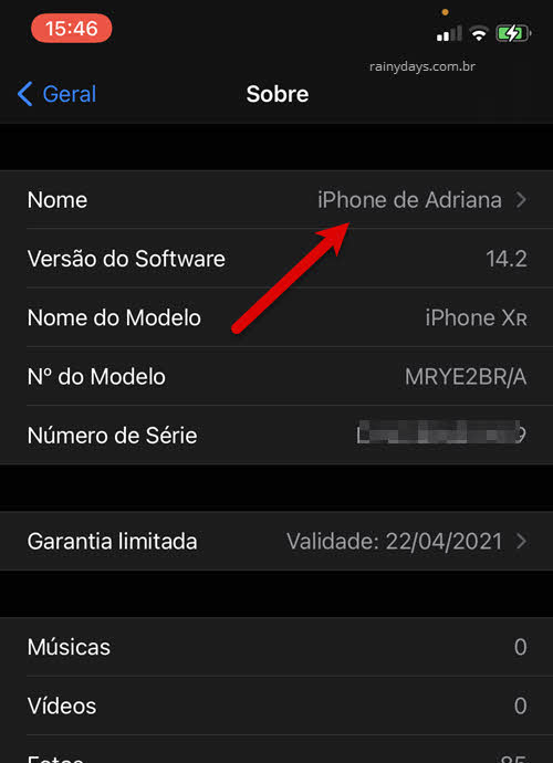 Sobre nome Ajustes do iPhone