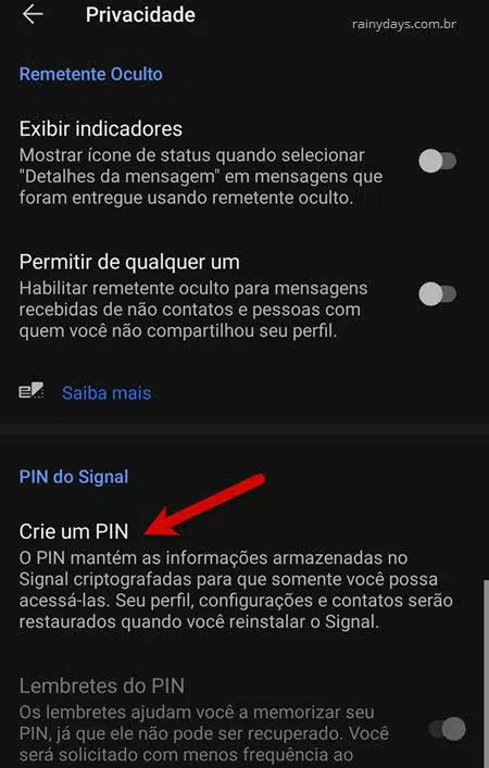 Crie seu PIN criptografar conta app Signal