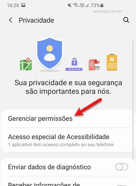 Gerenciar permissões de privacidade Android
