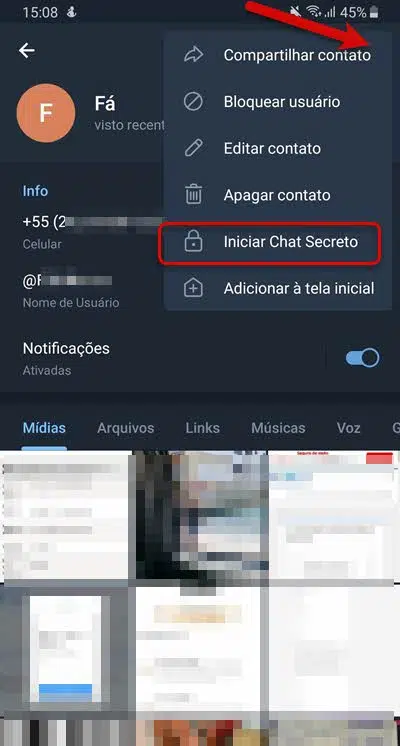 três bolinhas Iniciar Chat Secreto Telegram Android