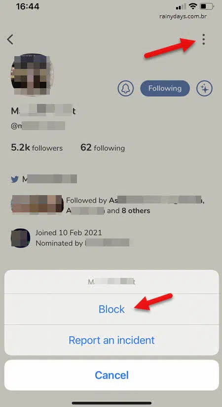 ícone de três bolinhas, block bloquear usuário Clubhouse