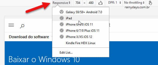 Selecionar dispositivo modo adaptável Firefox para baixar o Windows 10 sem Ferramenta de Criação