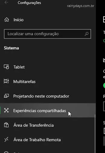 Configurações Experiências Compartilhadas Windows 10