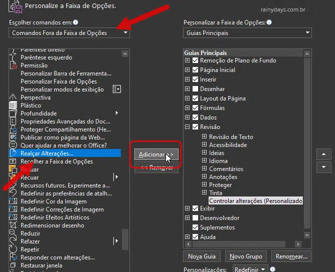 Escolher comandos, realçar alterações, adicionar na Faixa de Opções Excel