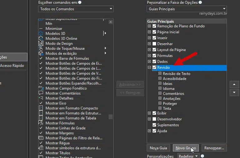 Personalizar faixa de opções Novo Grupo dentro da Revisão Excel
