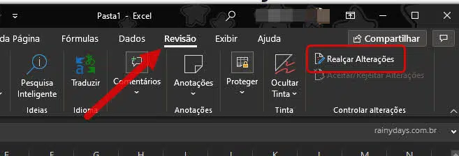 Realçar alterações em documento do Excel