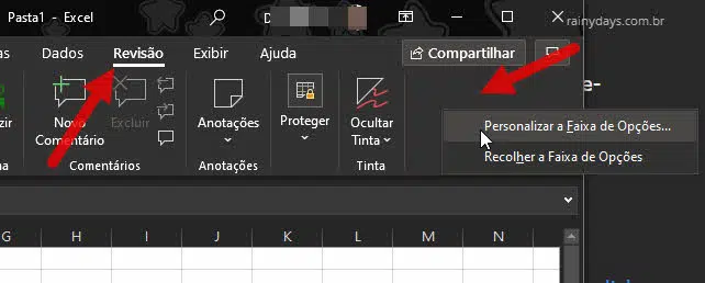 Revisão personalizar faixa de opções Excel