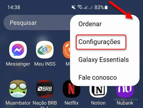 ícone três bolinhas campo de busca, configurações Android Samsung
