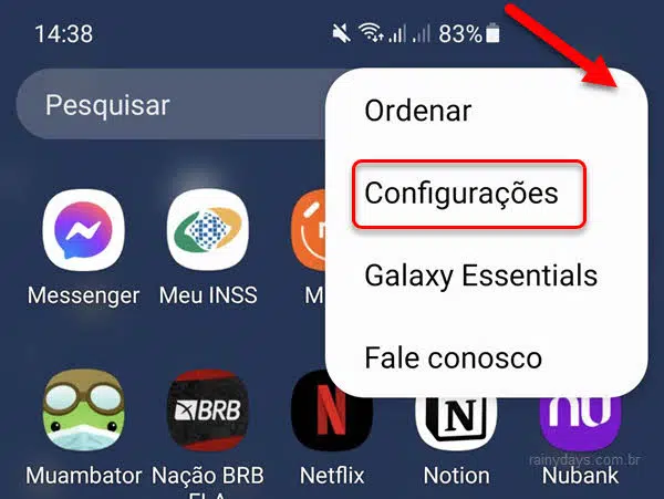 ícone três bolinhas campo de busca, configurações Android Samsung