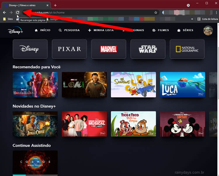 Recarregue página do Disney Plus para remover título do continuar assistindo