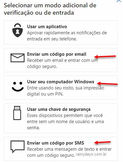 Adicionar modo adicional de verificação conta Microsoft email, sms, Windows Hello