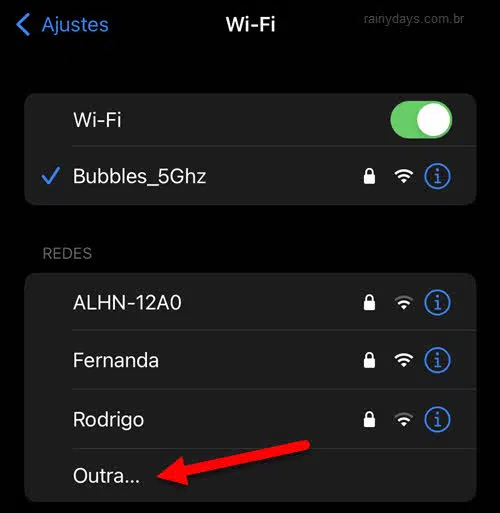 Ajustes Wi-Fi Outra iPhone, conectar rede oculta