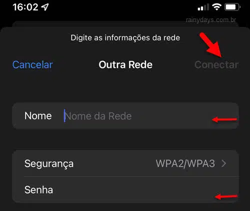 Outra Rede para conectar em rede Wi-Fi oculta no iPHone