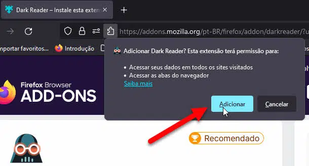 Permissão extensão Dark Reader no Firefox