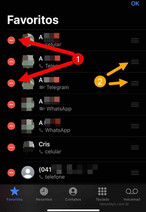 Remover contatos dos favoritos, organizar, app Telefone iPhone